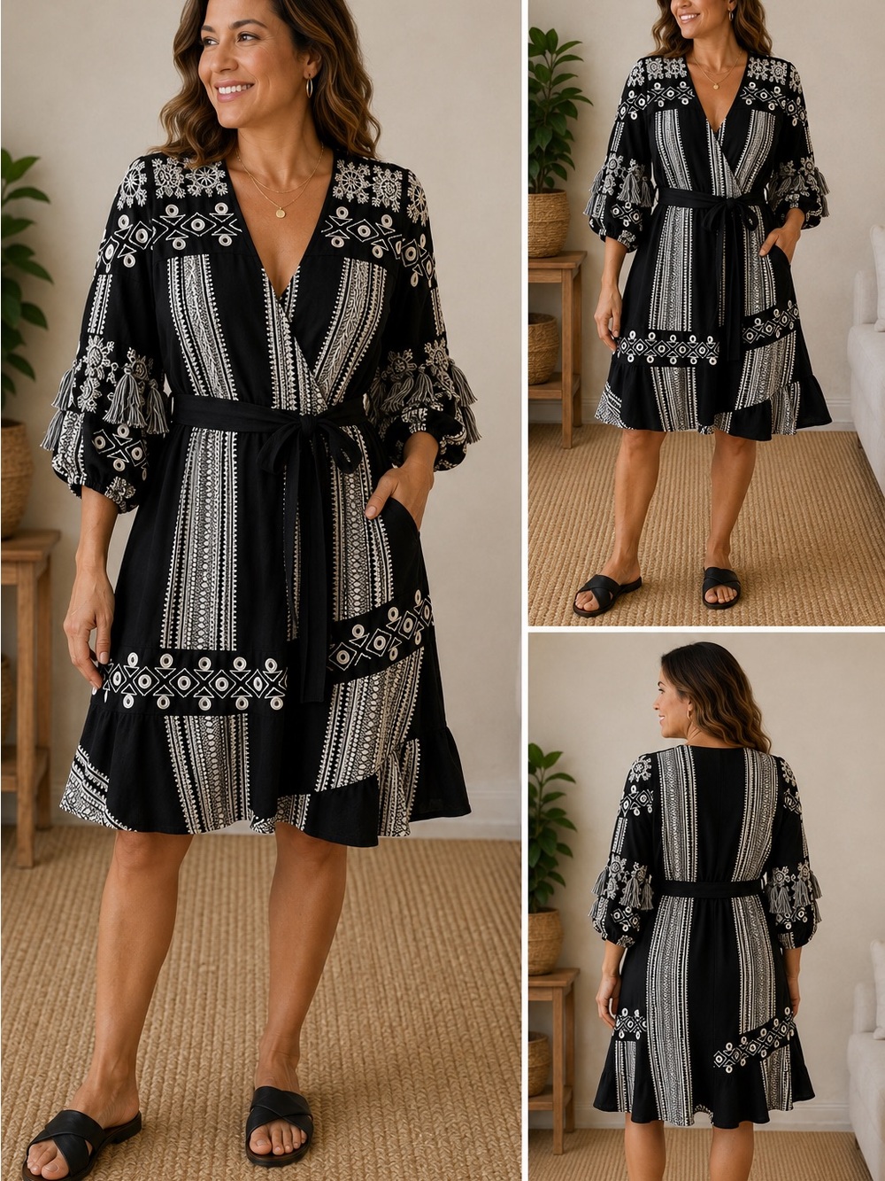 River Island B&W Tassel Belted Embroidered Tiered Cotton Boho Lined Dress Sz 10